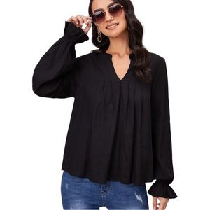 Linen Blend Blouse S Notched Collar Pleated Front Balloon Sleeve Viscose Black